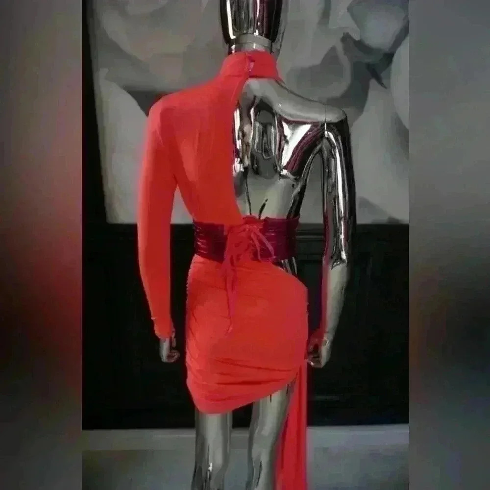 Angel Brinks Women’s Size Medium One Shoulder Draped Mini Dress Vogue Magenta - Picture 3 of 10